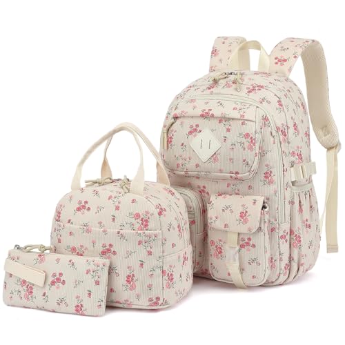 3Pcs Corduroy School Backpack for Girls, Kids Large Capacity School Bag Bookbags Set with Lunch Box and Pencil Bag (Corduroy Rose) - color: Corduroy Rose