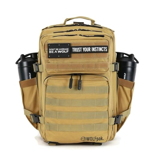 WOLFpak 35L Athletic Gym Backpack - Durable 1000D Waterproof Oxford Material with MOLLE Webbing, Laptop Pocket & Dual Cup Holders, Durable Fitness/Travel/Military Daypack (Khaki) - color: Khaki