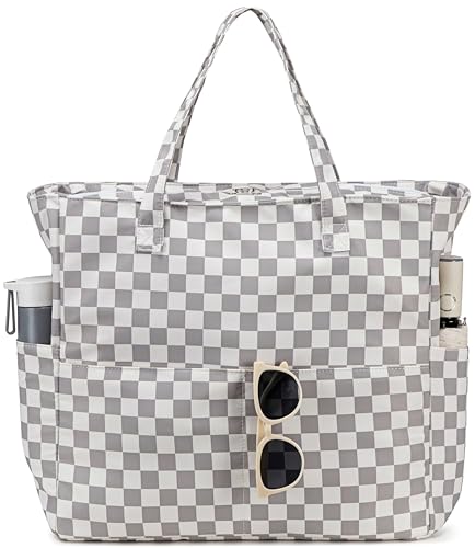 LEDAOU Beach Bag Waterproof Sandproof Women Beach Tote Pool Bag with Zipper for Swim Gym Grocery Travel with Wet Pocket | Sandproof - color: Checkered-light Gray