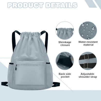 Tygelluis Drawstring Backpack, Waterproof Gym Bag with Water Bottle Pocket for Women Men, Pull String Sport Bag for Swim, Soccer and Basketball, Light Gray - color: Light Gray1