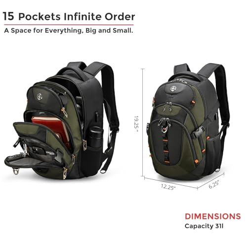 Swissdigital Design Laptop Backpack, Travel Backpack with USB Charging Port Fits 15.6 inches Computer, 31L College School Bookbag for Men,Olive/Black | SD803-26 - color: Olive/Black
