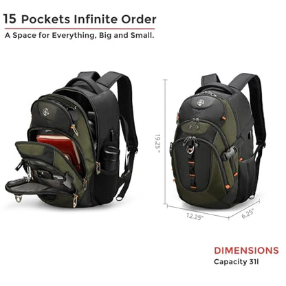 Swissdigital Design Laptop Backpack, Travel Backpack with USB Charging Port Fits 15.6 inches Computer, 31L College School Bookbag for Men,Olive/Black | SD803-26 - color: Olive/Black