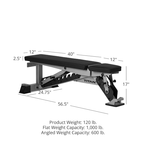 Titan Fitness TITAN Series Adjustable Bench, Supports 600 LB Incline, 1,000 LB Flat, Versatile Single Post Utility Workout Bench for Home Gym, Weightlifting, Strength Training - color: Silver