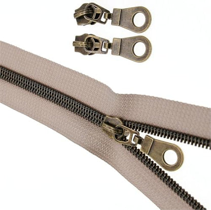 #5 Antique Brass Metallic Nylon Coil Zippers by The Yard Bulk Beige Tape 10 Yards with 25Pcs Pulls for DIY Sewing Craft Bags YIGUANXIN - color: Beige-Brass