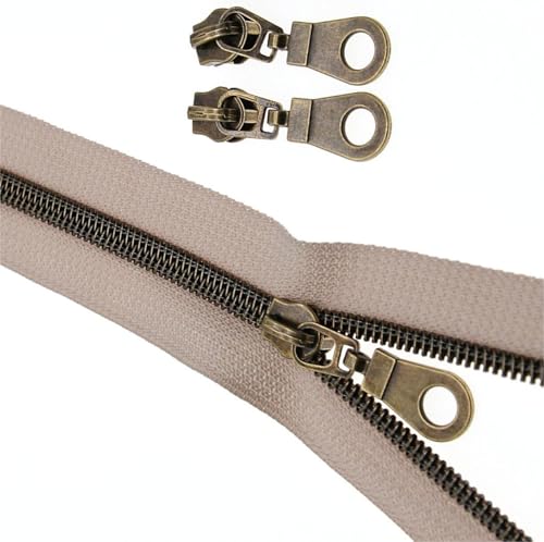 #5 Antique Brass Metallic Nylon Coil Zippers by The Yard Bulk Beige Tape 10 Yards with 25Pcs Pulls for DIY Sewing Craft Bags YIGUANXIN - color: Beige-Brass
