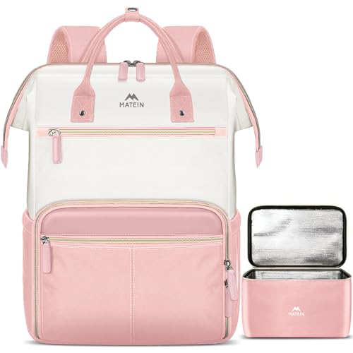 MATEIN Lunch Backpack for Women, 15.6 Inch Work Backpack with Laptop Compartment, College Computer Lunchbox Backpacks with Insulated Lunch box Meal Prep Bag for Teens Office Commute College, 2pcs Set - color: Pink, size: 15.6 Inch