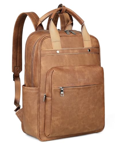 MASINTOR Leather Laptop Backpack for Women, Stylish Computer Backpack College Business Work Shoulder Bags Work and Travel Mocha Brown - color: Mocha Brown