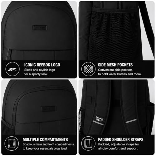 Reebok Backpack - Multipurpose Lightweight Carry On Everyday Laptop Gym Travel Commuter Backpack, Regan II Black - color: Regan II Black