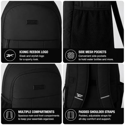 Reebok Backpack - Multipurpose Lightweight Carry On Everyday Laptop Gym Travel Commuter Backpack, Regan II Black - color: Regan II Black