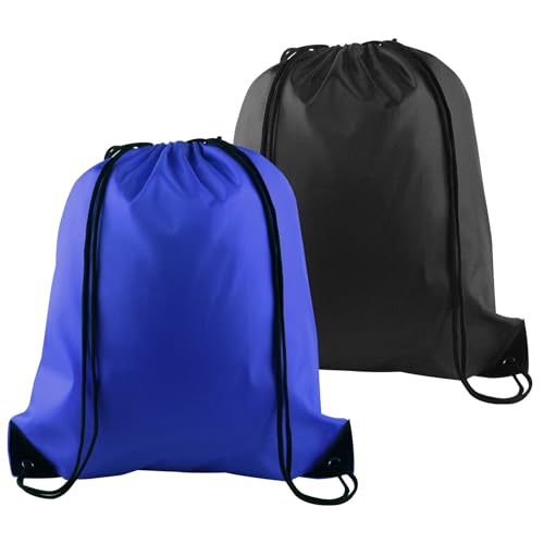 PLULON 2Pcs Drawstring Bags Bulk, Drawstring Backpack Blue Black String Backpack Cinch Sack Sport Gym Backpack Bags for Yoga Traveling Outdoor Sports - color: Black + Blue