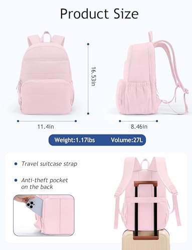 Uselike Travel Backpack for Women, 15.6 Inch Laptop Backpack, Quilted College Bookbag, Cute Work Backpacks, Water Resistant - color: Light Pink