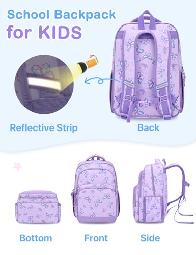 VASCHY Kids Backpacks, 12L Toddler & 17.5L School Backpacks, Lightweight Water-Resistant for Boys and Girls Ages 3-12 - color: Purple Flutter-l, size: Large