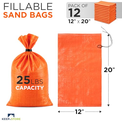 Heavy Duty Sand Bags Pack of 12, Bright Orange Empty Sandbags with Built-In Ties, Woven Polypropylene UV Protection 1600 Hours, Fillable Bags for Flood Control, Weight, 12x20 inches, 25 Pounds Volume - size: 12"W x 20"L, style: Pack of 12