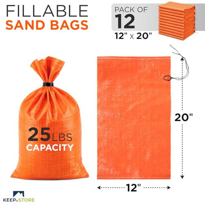 Heavy Duty Sand Bags Pack of 12, Bright Orange Empty Sandbags with Built-In Ties, Woven Polypropylene UV Protection 1600 Hours, Fillable Bags for Flood Control, Weight, 12x20 inches, 25 Pounds Volume - size: 12"W x 20"L, style: Pack of 12