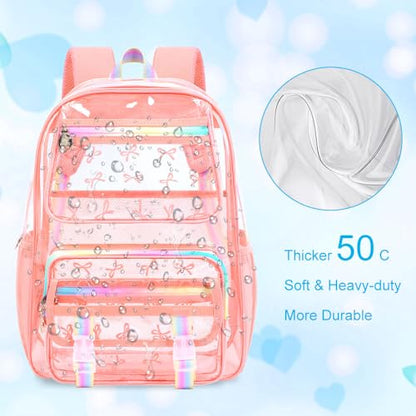 KLFVB 3PCS Clear Bookbag for Girls Heavy Duty, See Through School Backpack Set, Cute Transparent Bag for Women - Bow Pink - color: Bow Pink Clear Backpack