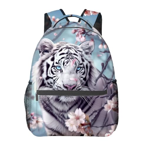 White Tiger Backpack,Cherry Blossom Polyester Backpacks,Lightweight Double Shoulder Back Pack for Kids Teens,Cool Animal Bookbag,School Bag Gifts,Casual Travel Daypack Book Packs - color: White Tiger