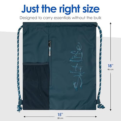 Salt Life Drawstring Backpack for Men and Women - Small Draw String Cinch Gym Bag with Water Bottle Pocket and Zipper Pocket - color: Indigo