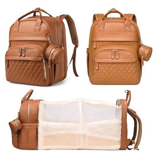 Astro alan Baby Diaper Bags with Changing Station, Waterproof Diaper Bag Backpack for Moms Dads with USB Charging Port, Baby Shower Gifts, Large Capacity diaper backpack, Brown - color: Vegan Leather Brown