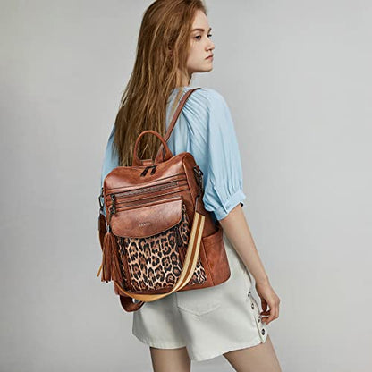 Shrrie Backpack Purse for Women Fashion Leather Backpack Purse Designer Travel Backpack Convertible Shoulder Bag with Wristlet - color: 1-9 Brown With Leopard