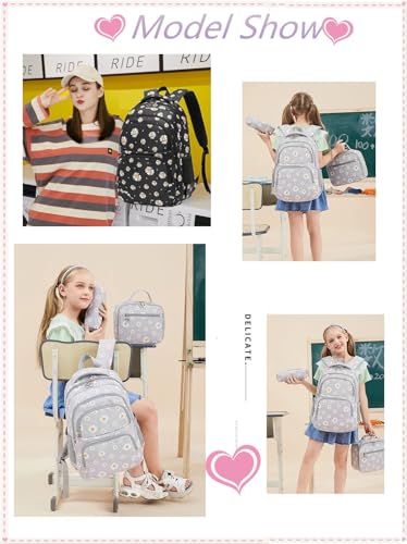 3Pcs Flower Daisy Backpack for Girls with Lunch Box Kids School Bag - color: Black