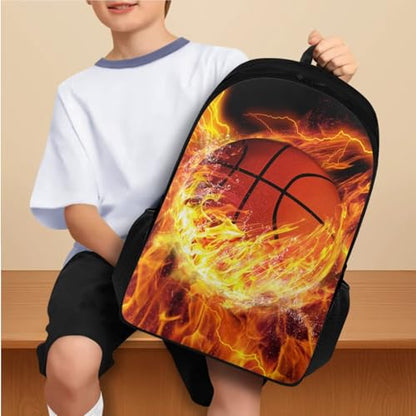 Flashideas Fire Basketball Backpack for School Boys Backpack with Lunch Box 32 Ounce Water Bottle and Water Bottle Carrier 4Pcs Set 17" Bookbag with Compartments Sturdy School Bag for Kids Elementary - color: Fire Basketball