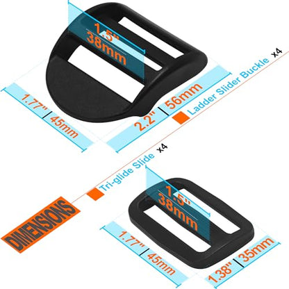 LASIGHT 4 Pack Slider Ladder Lock Buckle and Tri-glide Slide for 3/4", 1", 1-1/4", 1-1/2", 2" Webbing Strap - style: Fit 1 1/2" Webbing