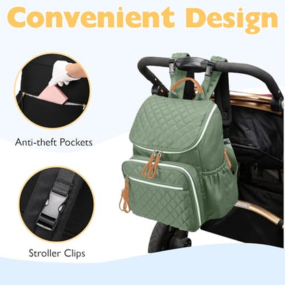 LORADI Lightweight Diaper Bag Backpack, Baby Shower Gifts, Green | Stroller Clips, Insulated Pockets, Water-resistant, Easy to Clean, Durable - color: Green