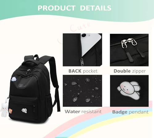 School Backpack for Teen Girls Cute Bookbag for High Middle School College Aesthetic Laptop Back Pack,Black - color: Black