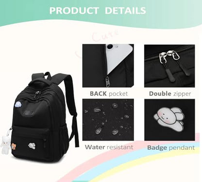 School Backpack for Teen Girls Cute Bookbag for High Middle School College Aesthetic Laptop Back Pack,Black - color: Black