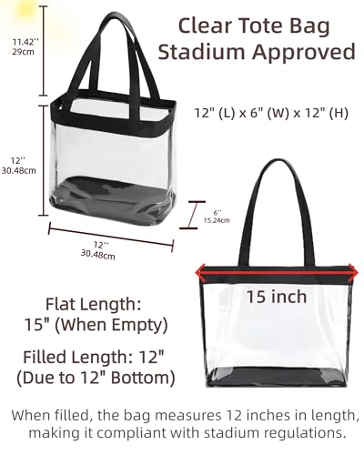 Clear Tote Bag Stadium Approved 12x6x12 12x12x6 Clear Bag for Stadium Events 12 x6 x12 Transparent Purse 12 x 6 x 12 - color: Black