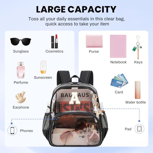 PIG PIG GIRL Clear Backpacks for Stadium Events Approved 12×6×12 Clear Bookbag for Women Mini Transparent Letter Back Pack, Semi-black, Letter-A - color: Semi Black, style: A