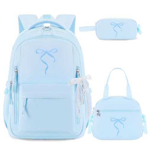 Kids Backpack for Girls - 3PCS Cute Embroidered Bow Girls Backpack with Insulated Lunch Bag & Pencil Case - Bookbag for Teen Women Middle High School College Work Travel Daypack - color: Blue