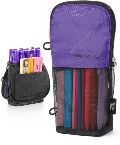 Mr. Pen- Standing Pencil Case Pouch, Sit & Lay Mesh-View Design, Black & Purple, Interior Pocket & 2 Elastic Binder Loops, Cute Pencil Case for Girls and Boys - color: Black & Purple