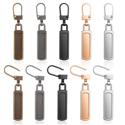 Shimmeroo 10PCS Luggage Zipper Pull Replacement, 2-Inch Universal Zipper Tab Helper for Dresses, Jacket, Backpacks, 5 Colors in Black+Silver+Gold+Brown+Copper