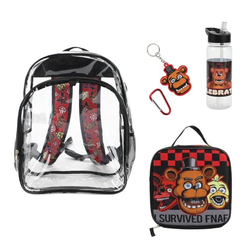 Five Nights at Freddy's 5-Piece Backpack & Lunchbox Set With Water Bottle - color: Black, Red, Brown & Clear, size: 16 Inches