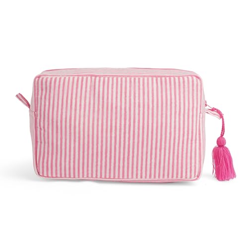 Huar Travel Makeup Bag- Large Capacity Cosmetic Bags for Women - Water Resistance Lining Portable Pouch & Open Toiletry Bag - Perfect Girls Makeup Organizer for Travel Essentials (Pink Stripe) - color: Pink Stripe