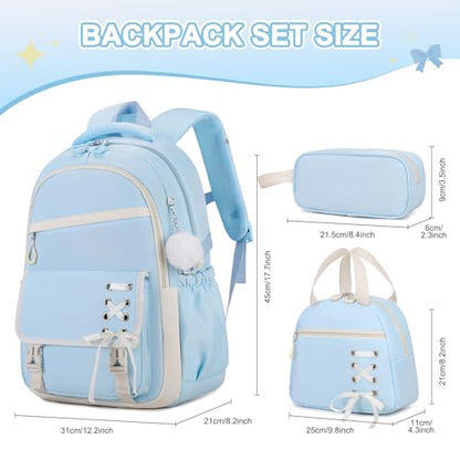 Scothen 3PCS Girls Backpack for School, Kids Backpack for Girls with Lunch Bag Pencil Case, Kids Bookbag Teen Backpacks for Elementary Middle High School (Blue) - color: Blue