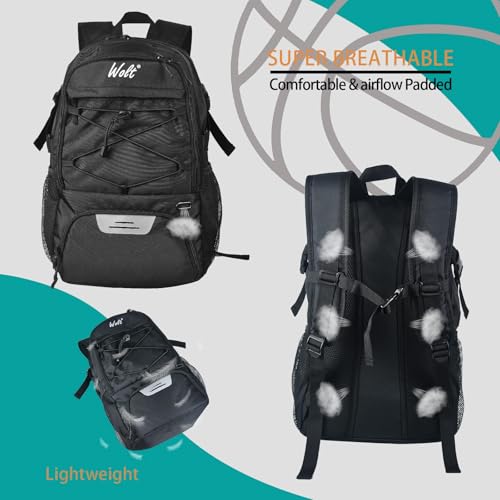 WOLT Basketball Backpack Large Sports Bag with Separate Ball Holder & Shoes Compartment, Best for Basketball, Soccer,Gym - color: Black