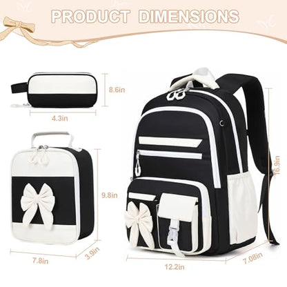 DIGOBAY Backpack for Girls, 3PCS Girls Backpack for School with Lunch Bag Pencil Case, Cute Kids Teens Bookbag for Kindergarten Elementary Preschool Middle School - color: Black-white