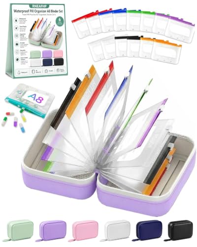 Waterproof Pill Organizer A8 Binder Set Pill Pouches for Travel 14PCS Bags Inside Large Zippered Pouch Bpa-Free Weekly Medicine Air Tight Pocket Color-Coded Reusable Travel Storage System - color: Purple