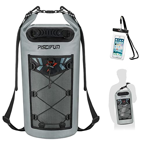 Piscifun Dry Bag, Waterproof Floating Backpack 10L/20L/30L/40L with Waterproof Phone Case for Boating, Kayaking, Fishing - color: Grey, style: 40l