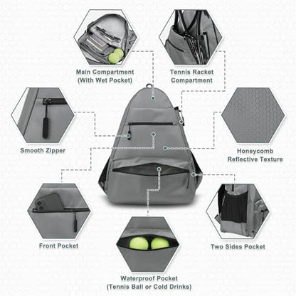 Tennis Backpack for Rackets, Waterproof Tennis Bag with Shoe Compartment, Wet/Dry Pocket, Fence Hook, for Tennis, Pickleball, Badminton - color: Gray
