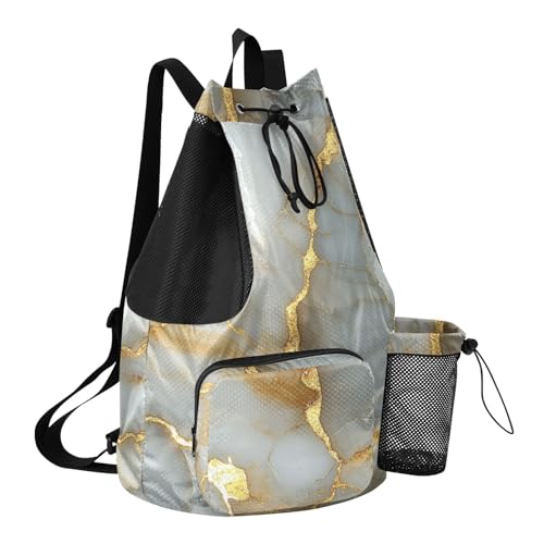 Drawstring Gym Bags For Men Women Sports Gym Bag With Pockets Pull String Bag Waterproof Marble White Gold - color: Color 2