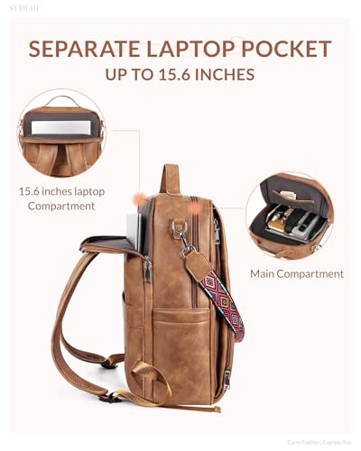 SYTRAH Leather Laptop Backpack for Women, 15.6 Inch Business Computer Bag, Designer College Backpack Travel Backpack with Colorful Shoulder Bag Strap Mocha Brown - color: Brown