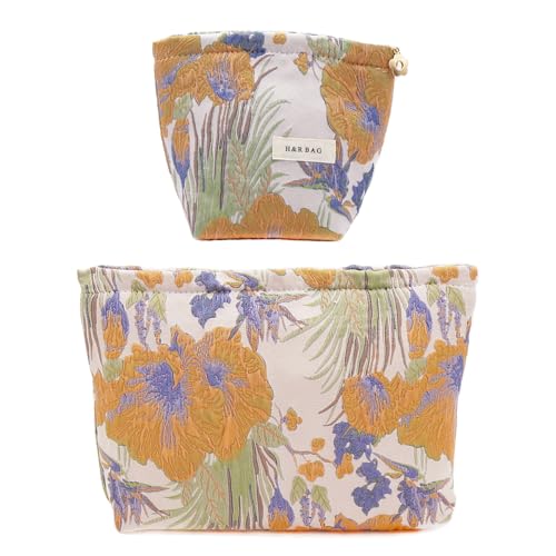 getgto 2 Pcs Makeup Bags, Large Cosmetic Bag Travel Toiletry Bag Organizer for Women, Embroidery Craft, Floral Makeup Bag Small Cosmetic Pouch Purse with Zipper Gifts for Girls Teen - color: Vintage flower