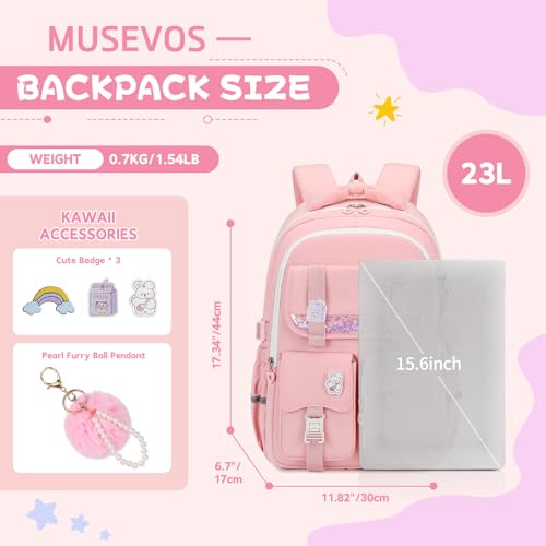 MUSEVOS Girls Backpack, Kids Backpack for Girls, School Bookbag for Teens Age 6-15, Large Capacity Water Resistant Backpack for Elementary to High School, Cute Travel Daypack, Pink - color: Pink