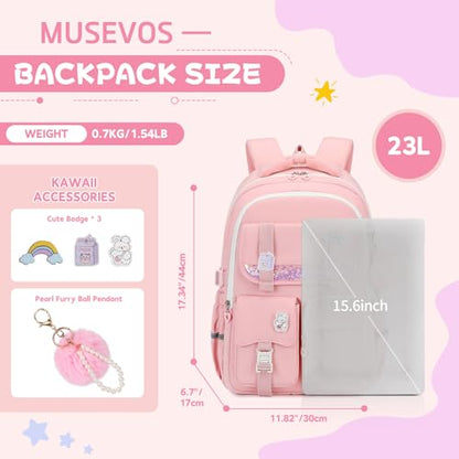MUSEVOS Girls Backpack, Kids Backpack for Girls, School Bookbag for Teens Age 6-15, Large Capacity Water Resistant Backpack for Elementary to High School, Cute Travel Daypack, Pink - color: Pink