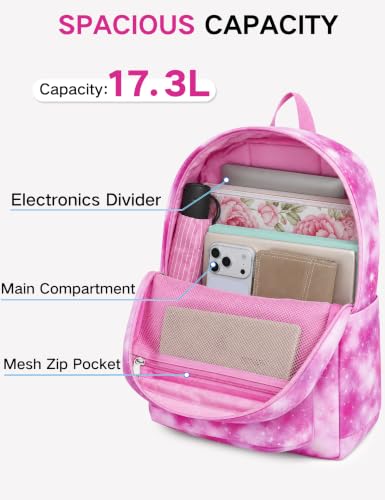 Kasqo School Backpack for Teen Girls Boys, 17.3L Lightweight Bookbag - color: Pink Galaxy
