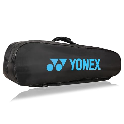 Yonex Stylish Badminton Kit-Bag |Double Zipper Compartment for Storage of 6 Rackets and Clothes|Side Pocket |Back Straps |Accessories Compartment |Made in India - color: BLACK SKY BLUE