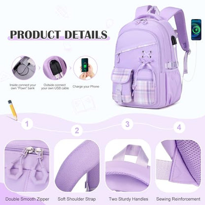 DIGOBAY Backpacks for Girls - 3PCS Girls Backpack with Lunch Box & Pencil Pouch Plaid School Backpacks for Elementary Middle High College School Bookbag for Teen Girl Kids Students Purple - color: Purpleplaid